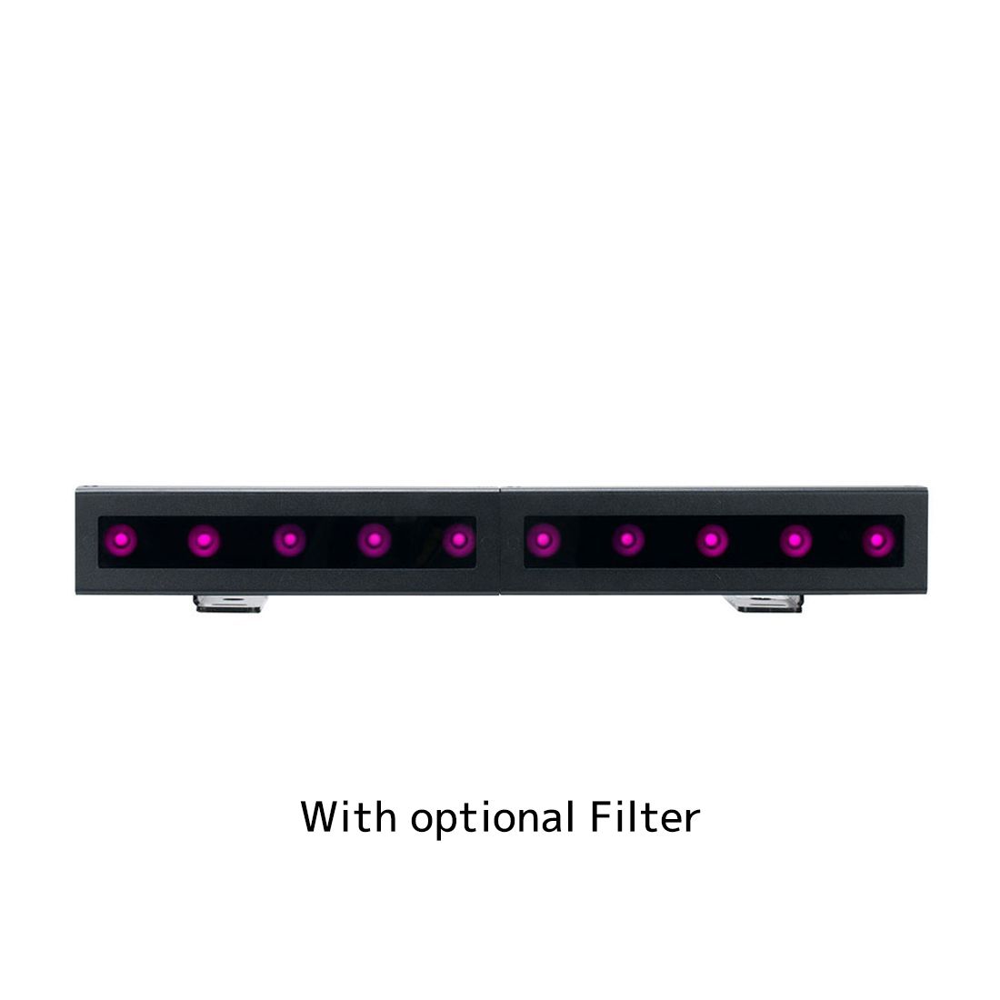 A rectangular black device, the Magmatic Prisma Mini Bar 20 - 365nm by Magmatic, is shown with two panels each housing four purple-glowing circular sensors against a white background. Text reads: With optional filter. Featuring IP65-rated linear UV-A wash and powerful 365nm LED technology, the Prisma Mini Bar 20 is ideal for outdoor wall grazing applications.