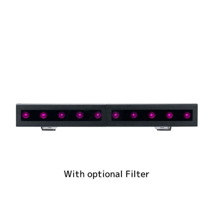 A rectangular black device, the Magmatic Prisma Mini Bar 20 - 365nm by Magmatic, is shown with two panels each housing four purple-glowing circular sensors against a white background. Text reads: With optional filter. Featuring IP65-rated linear UV-A wash and powerful 365nm LED technology, the Prisma Mini Bar 20 is ideal for outdoor wall grazing applications.