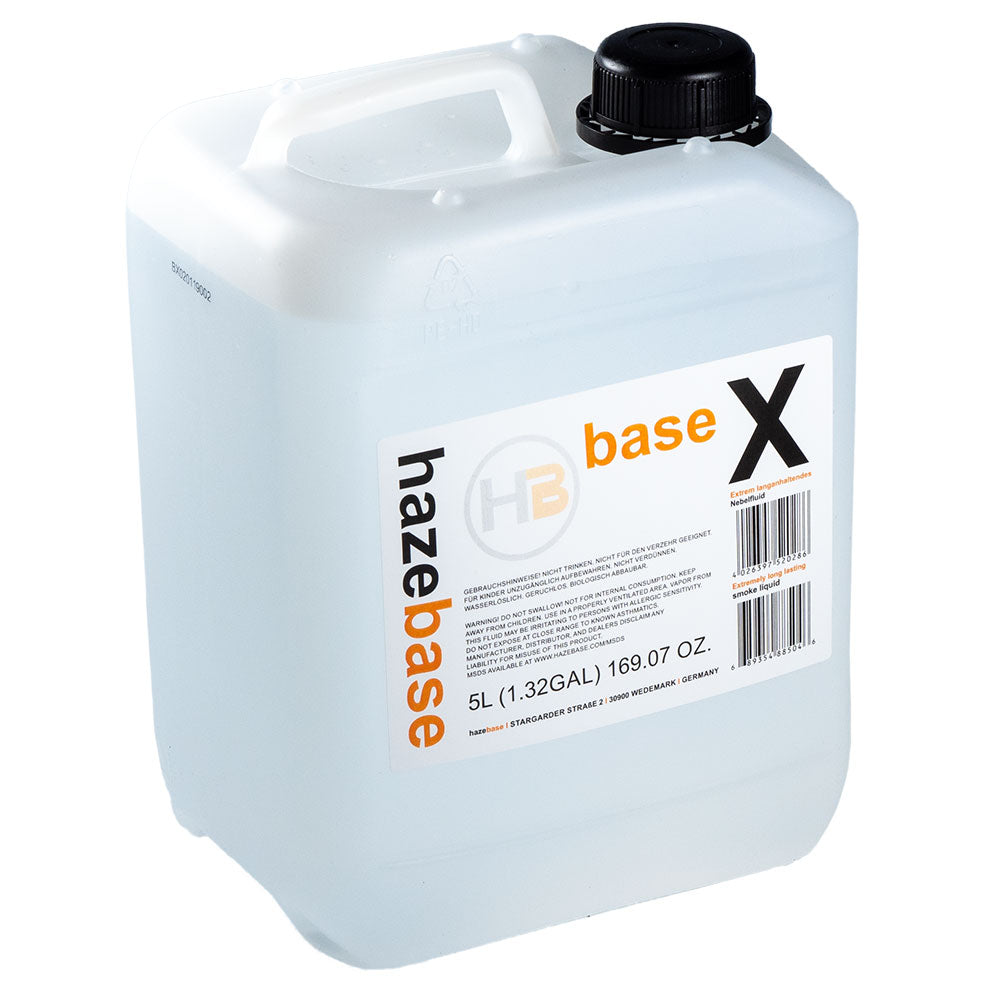 The Hazebase XL Xtreme long lasting smoke liquid (HZB-hb-0904) comes in a 5-liter translucent plastic container with a black cap, white "Hazebase base X" label, and top handle, ideal for haze or fog machine fluid storage.