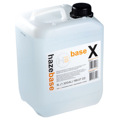 The Hazebase XL Xtreme long lasting smoke liquid (HZB-hb-0904) comes in a 5-liter translucent plastic container with a black cap, white "Hazebase base X" label, and top handle, ideal for haze or fog machine fluid storage.