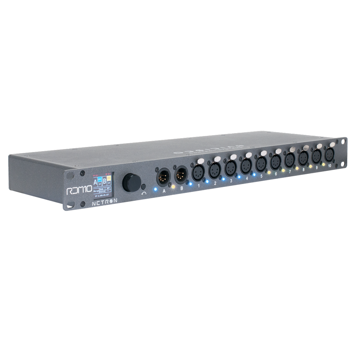 A rack-mounted audio interface, the Obsidian Control Systems NETRON RDM 10, features multiple XLR and TRS ports, indicator lights, and a small digital display on the front panel. Its built-in DMX input functionality enhances connectivity, making it suitable for integration with RDM Splitter or EtherDMX Gateway systems.