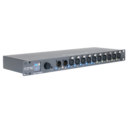 A rack-mounted audio interface, the Obsidian Control Systems NETRON RDM 10, features multiple XLR and TRS ports, indicator lights, and a small digital display on the front panel. Its built-in DMX input functionality enhances connectivity, making it suitable for integration with RDM Splitter or EtherDMX Gateway systems.