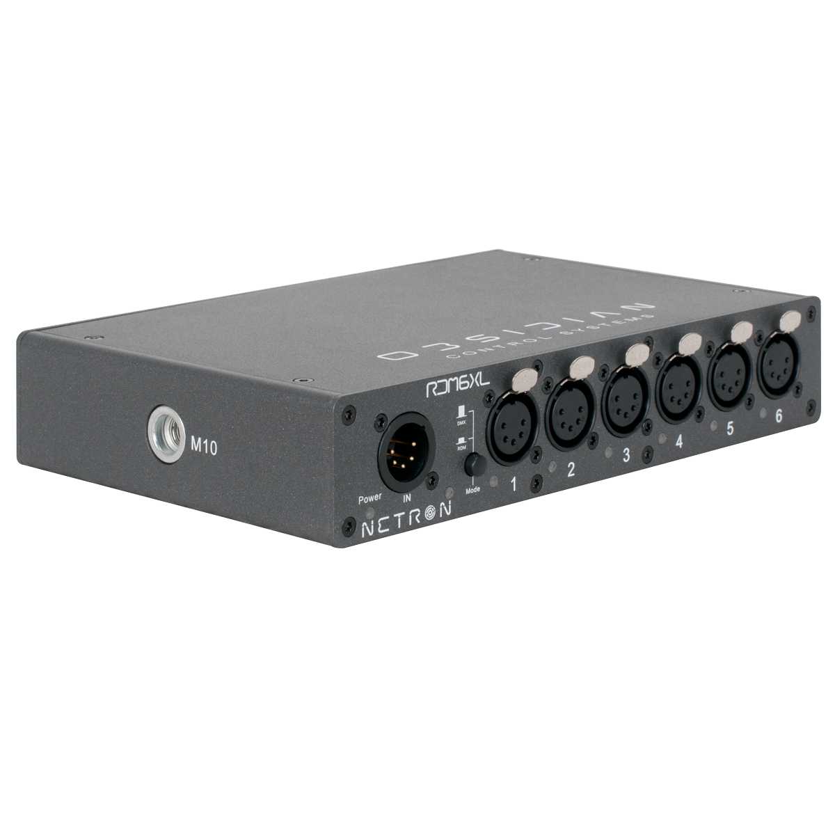 Rectangular black audio interface device, the Obsidian NETRON RDM 6XL by Obsidian Control Systems, features six numbered XLR input ports and opto-isolated XLR outputs to ensure enhanced signal integrity during live production. The unit is equipped with a power button and a side connector labeled M10. The top displays the WIDI branding while the front reads NECTRON, emphasizing its reliability as a professional DMX/RDM splitter in advanced audio setups.