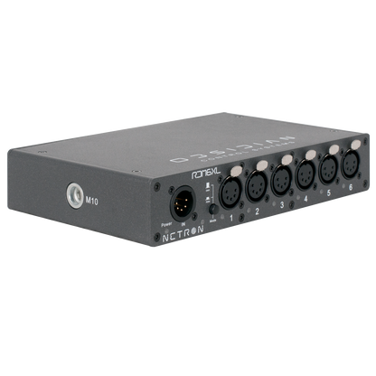 Rectangular black audio interface device, the Obsidian NETRON RDM 6XL by Obsidian Control Systems, features six numbered XLR input ports and opto-isolated XLR outputs to ensure enhanced signal integrity during live production. The unit is equipped with a power button and a side connector labeled M10. The top displays the WIDI branding while the front reads NECTRON, emphasizing its reliability as a professional DMX/RDM splitter in advanced audio setups.