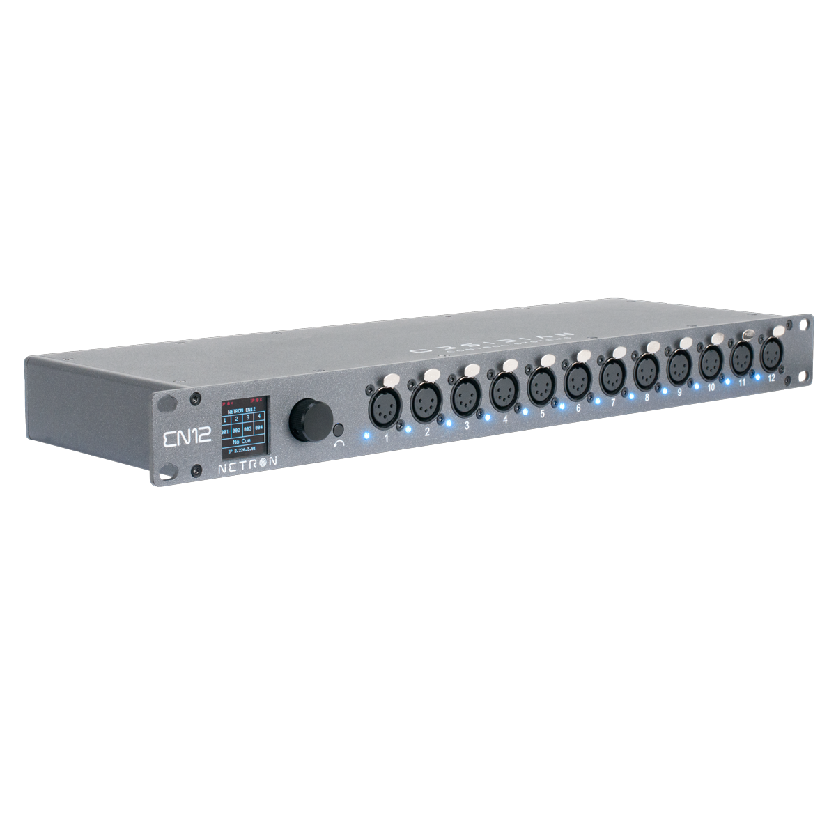 A gray Obsidian NETRON EN12 audio interface from Obsidian Control Systems, featuring a high-density array of multiple XLR inputs, blue LED indicators, a display screen, and a knob on the front panel, is angled against a white background. This RDM compatible unit also functions as an Ethernet to DMX gateway for advanced connectivity.