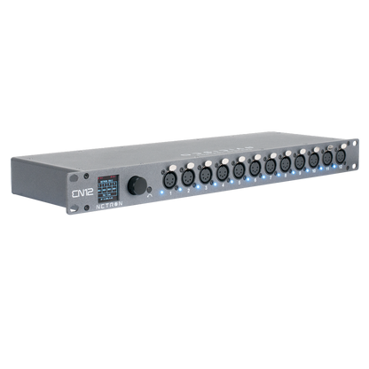 A gray Obsidian NETRON EN12 audio interface from Obsidian Control Systems, featuring a high-density array of multiple XLR inputs, blue LED indicators, a display screen, and a knob on the front panel, is angled against a white background. This RDM compatible unit also functions as an Ethernet to DMX gateway for advanced connectivity.