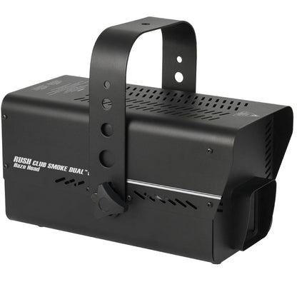 The JEM Dual Rush Club HAZE HEAD 230v - 900W (92250170) is a black rectangular unit with a sturdy handle and side vents, labeled on the front; DMX-controlled for professional stage effects.