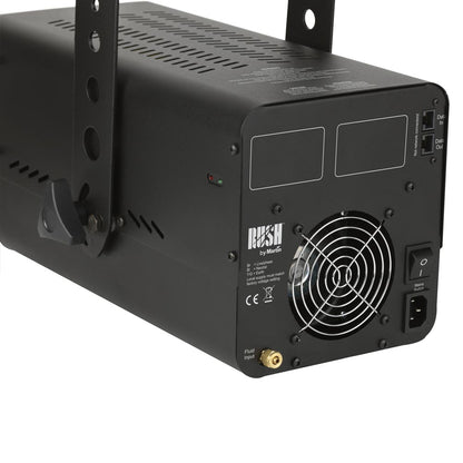 The JEM Dual Rush Club Haze Head 230v 900W (92250170) features DMX control, hanging brackets, vents, a fan, labeled ports for fluid and power, and a back panel with switches, indicator lights, and multiple connection ports.