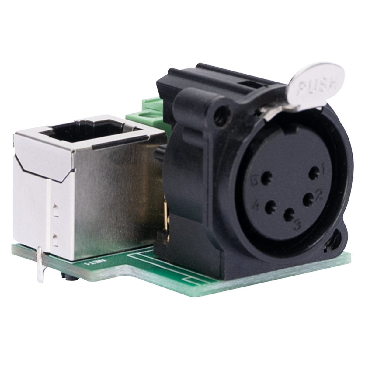 The Obsidian NETRON PCB5P by Obsidian Control Systems is a compact green circuit board equipped with an RJ45 Ethernet port and a black 5-pin DMX Output connector featuring a push release button—perfect for system integrators looking for flexible custom integration solutions.