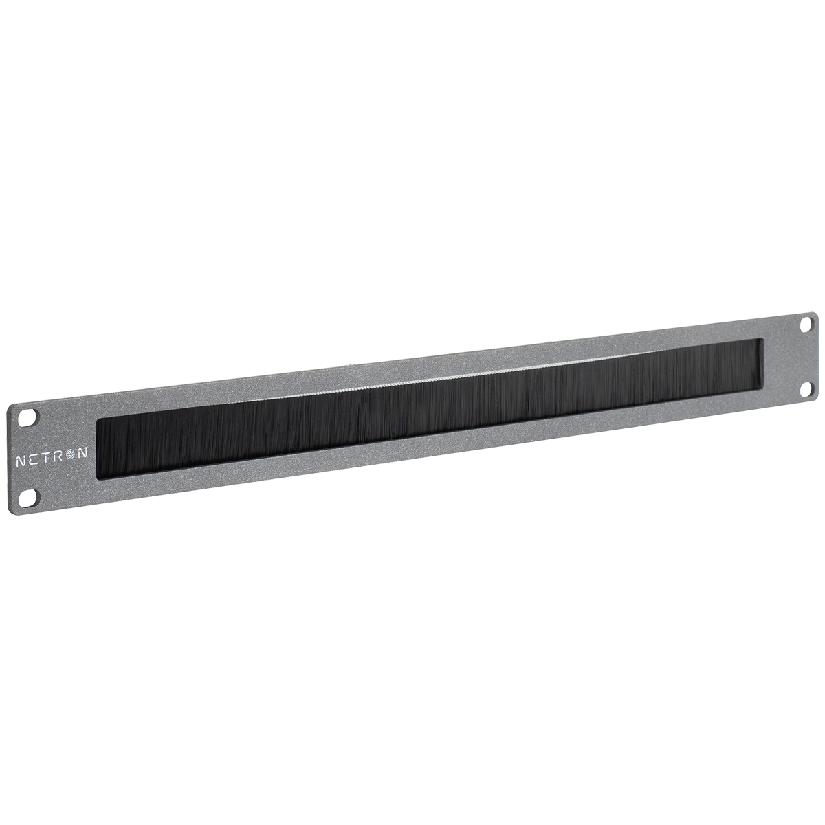 The Obsidian NETRON NET Plate Brush by Obsidian Control Systems is a silver metal rack panel featuring a rectangular slot filled with black brush bristles, designed for cable pass-through and effective cable management in network or server racks. The panel is labeled “NETRON” on the left side.