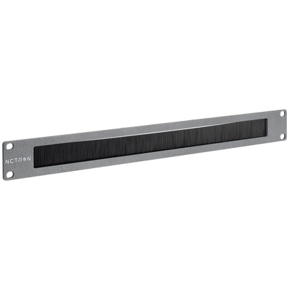 The Obsidian NETRON NET Plate Brush by Obsidian Control Systems is a silver metal rack panel featuring a rectangular slot filled with black brush bristles, designed for cable pass-through and effective cable management in network or server racks. The panel is labeled “NETRON” on the left side.