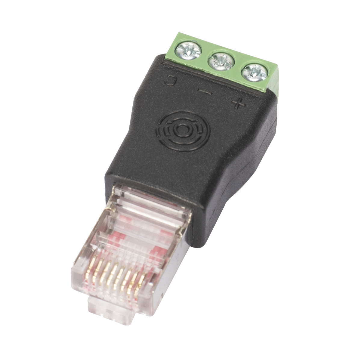 Obsidian Control Systems Obsidian NETRON NETRON RJ-T—an RJ45 Ethernet to terminal block adapter in black with a transparent connector and green screw terminals labeled + and - on top, shown on a white background—ideal for connecting NETRON devices or including technical details in your documentation.