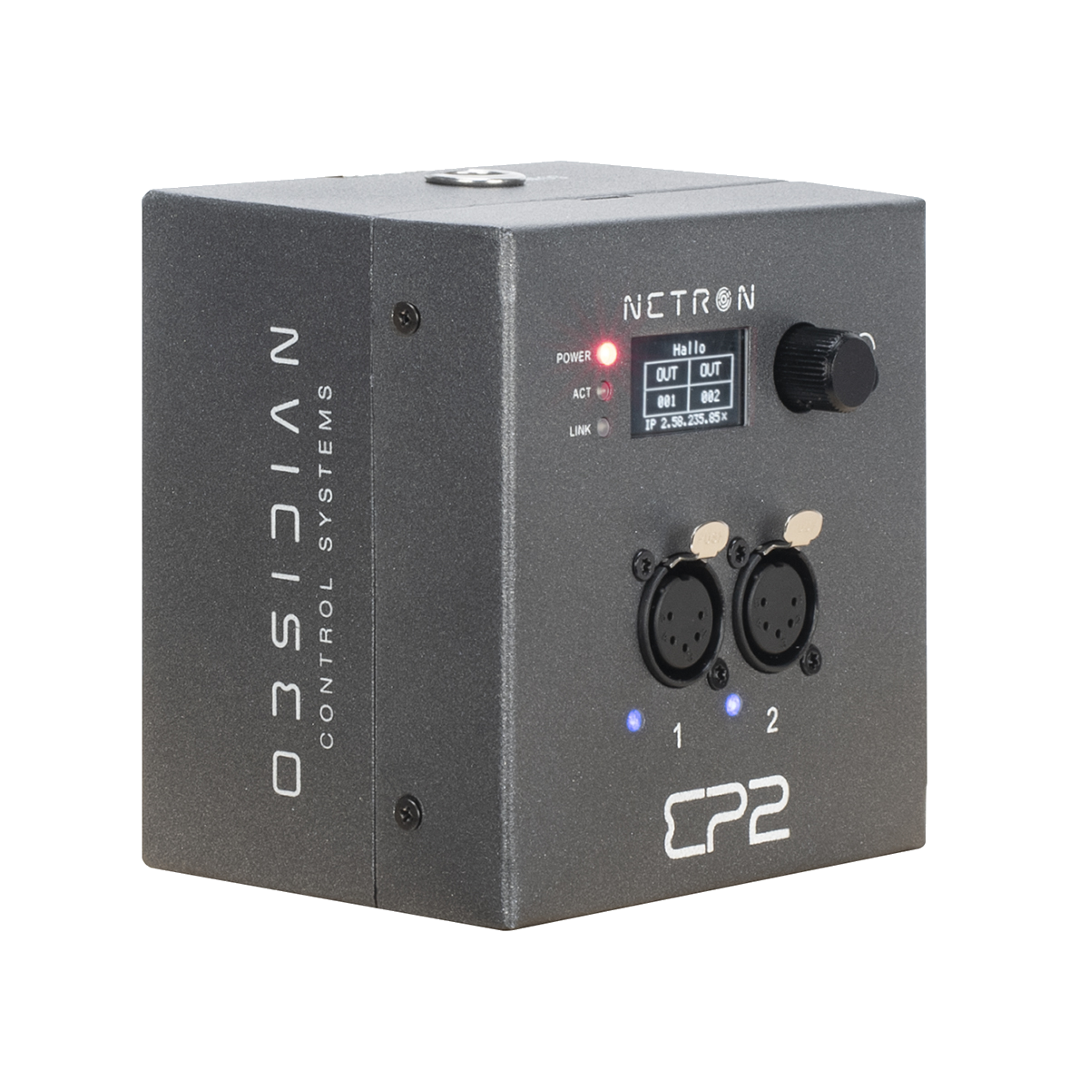A gray Obsidian Control Systems NETRON EP2 device, designed as an Ethernet to DMX gateway, with control knobs, indicator lights, and two XLR connectors is shown standing on a white background.