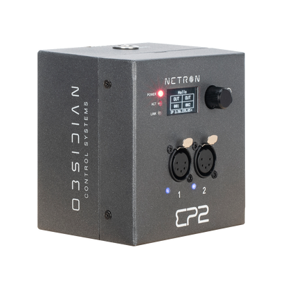 A gray Obsidian Control Systems NETRON EP2 device, designed as an Ethernet to DMX gateway, with control knobs, indicator lights, and two XLR connectors is shown standing on a white background.