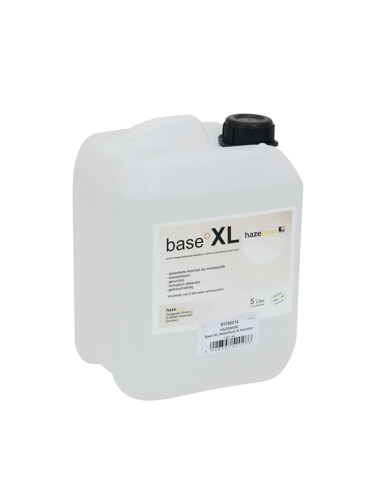 A 5-liter white plastic container with a black screw cap, labeled Hazebase - XL - Xtreme long lasting smoke liquid (HZB-hb-0904), is set on a plain white background—ideal for creating enduring smoke effects.
