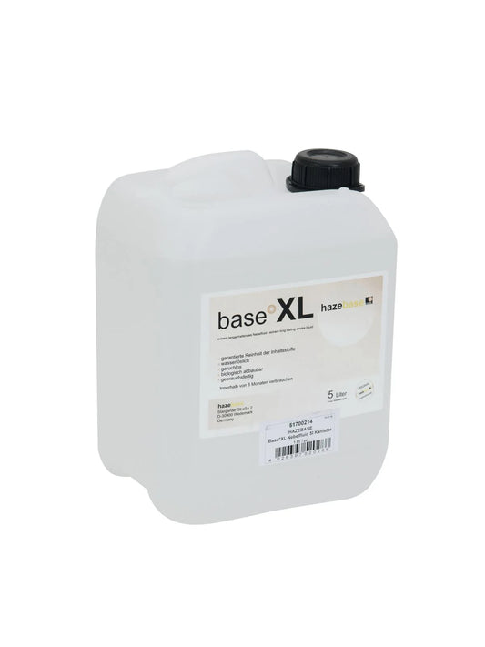 A 5-liter white plastic container with a black screw cap, labeled Hazebase - XL - Xtreme long lasting smoke liquid (HZB-hb-0904), is set on a plain white background—ideal for creating enduring smoke effects.