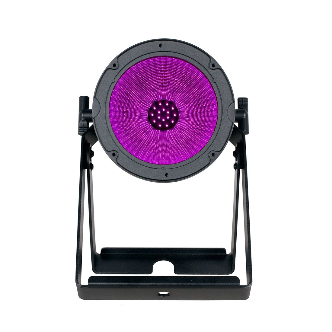 The Magmatic Prisma Par 50 - 365nm by Magmatic is a black LED stage light with a stand facing forward, emitting a bright purple light from its circular front panel. Featuring a powerful 365nm LED, this IP65 UV-A par is designed for reliable outdoor use at concerts or theater performances.