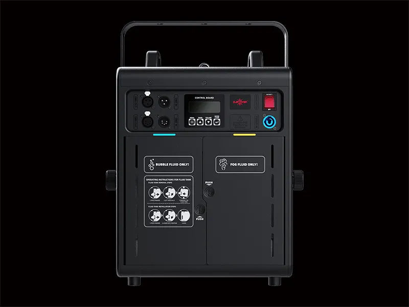 Back panel of a DJ Power D-WP2 Bubble Fog Machine, featuring a control screen, XLR ports, a power switch, and two labeled fluid tanks for producing fog-filled bubbles.