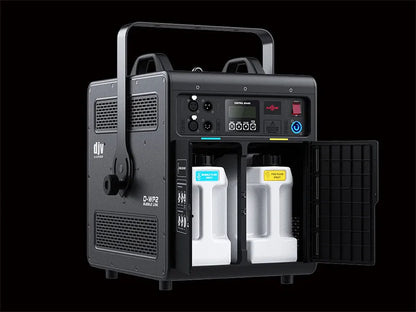 A black DJ Power D-WP2 Bubble Fog Machine with a jet-design, dual-nozzle system, carry handle, control panel, and two internal slots containing labeled bottles for bubble and fog fluid.