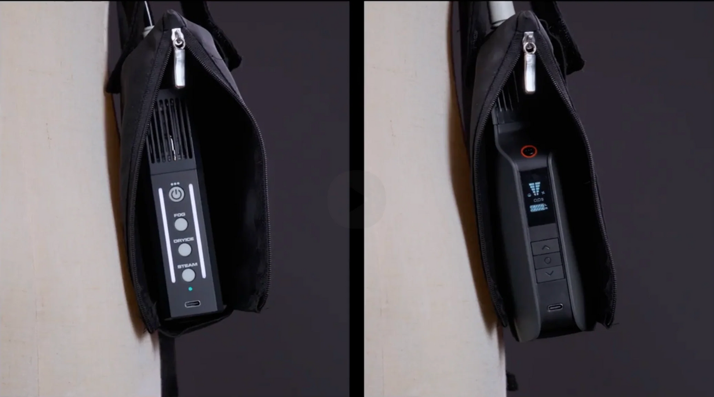 Two black PMI SmokeNINJA PRO/NINJA/GENIE devices are seen inside zippered pouches of a PMI Smoke Vest, hanging against a light background. The left device has labeled buttons; the right displays illuminated icons.