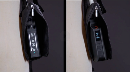 Two black PMI SmokeNINJA PRO/NINJA/GENIE devices are seen inside zippered pouches of a PMI Smoke Vest, hanging against a light background. The left device has labeled buttons; the right displays illuminated icons.