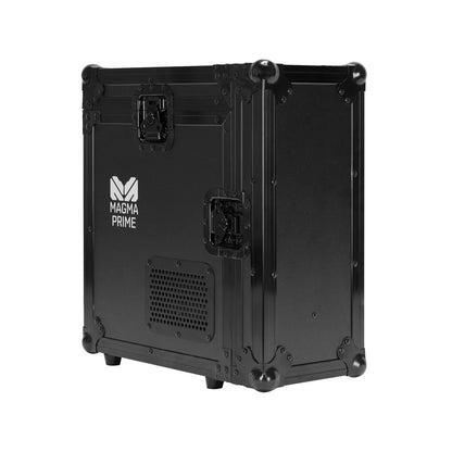 The Elation Magma Prime FC Flight Case (1412000018) features a black hard shell, reinforced corners, metal latches, ventilation holes, Magma Prime logo on the side, and small feet for upright positioning—ideal for equipment protection.