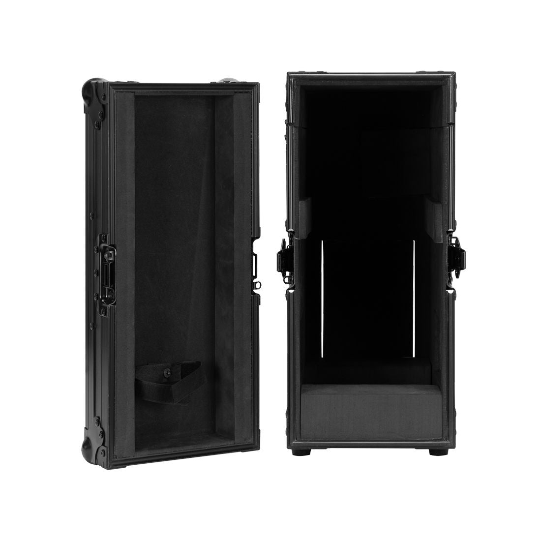 Two black rectangular Elation Magma Prime FC flight cases are shown upright. One is open, revealing a padded interior with straps; the other is closed, featuring a transparent front panel. Brand: Elation. Product: Magma Prime FC Flight Case (1412000018).