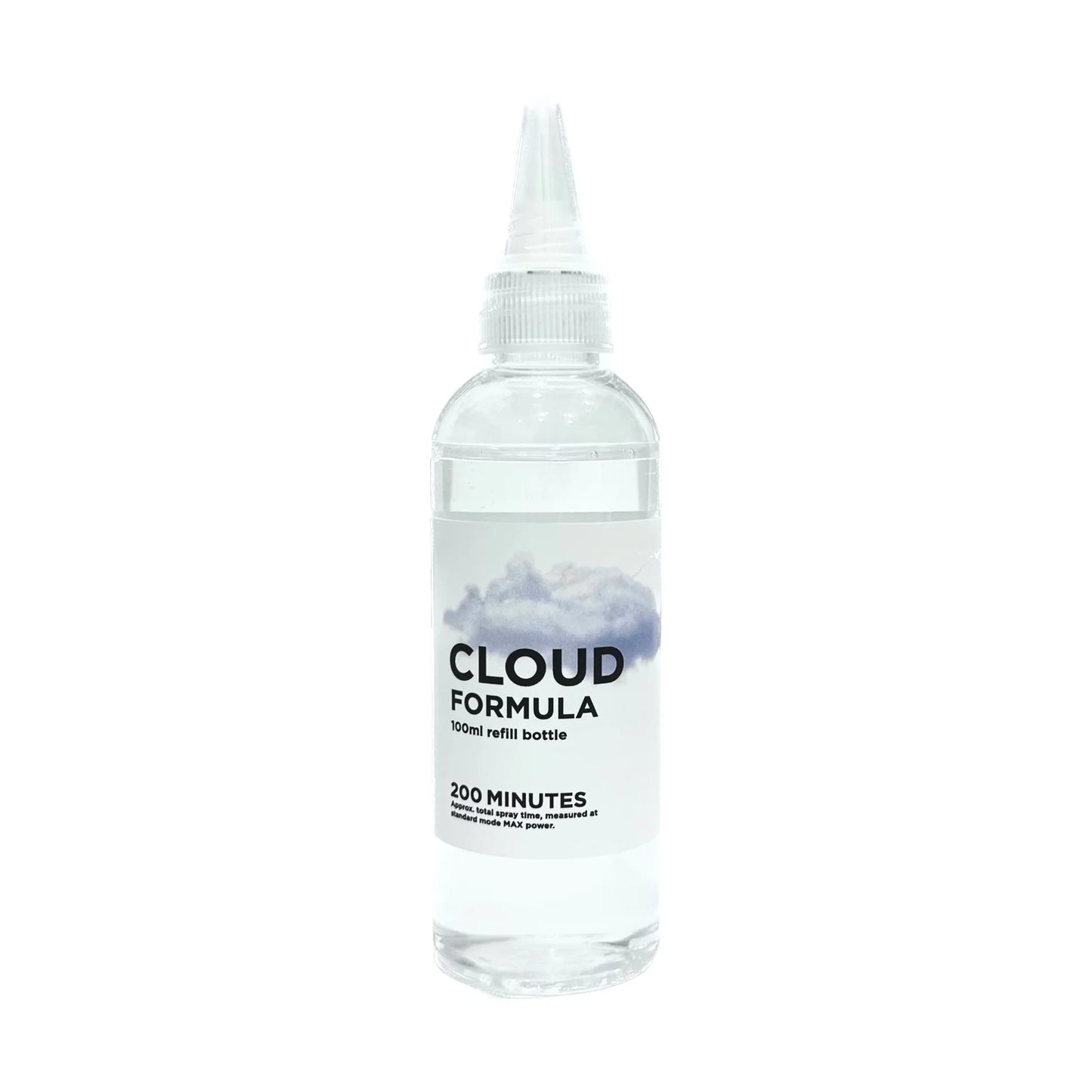 A clear 100ml plastic bottle with a pointed nozzle cap, labeled PMI SmokeNINJA/GENIE Smoke Refill, features an image of clouds and contains clear smoke machine fluid for up to 200 minutes.