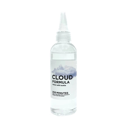 A clear 100ml plastic bottle with a pointed nozzle cap, labeled PMI SmokeNINJA/GENIE Smoke Refill, features an image of clouds and contains clear smoke machine fluid for up to 200 minutes.