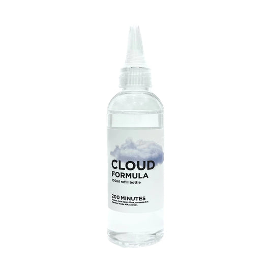 A clear 100ml plastic bottle with a pointed nozzle cap, labeled PMI SmokeNINJA/GENIE Smoke Refill, features an image of clouds and contains clear smoke machine fluid for up to 200 minutes.