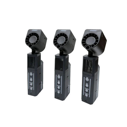 Three PMI SmokeNINJA Pro Trident Kit fog machines with rectangular bases and cylindrical nozzles stand upright on a white background. Their front panels feature control buttons and indicators, ideal for cinematic effects in video production.