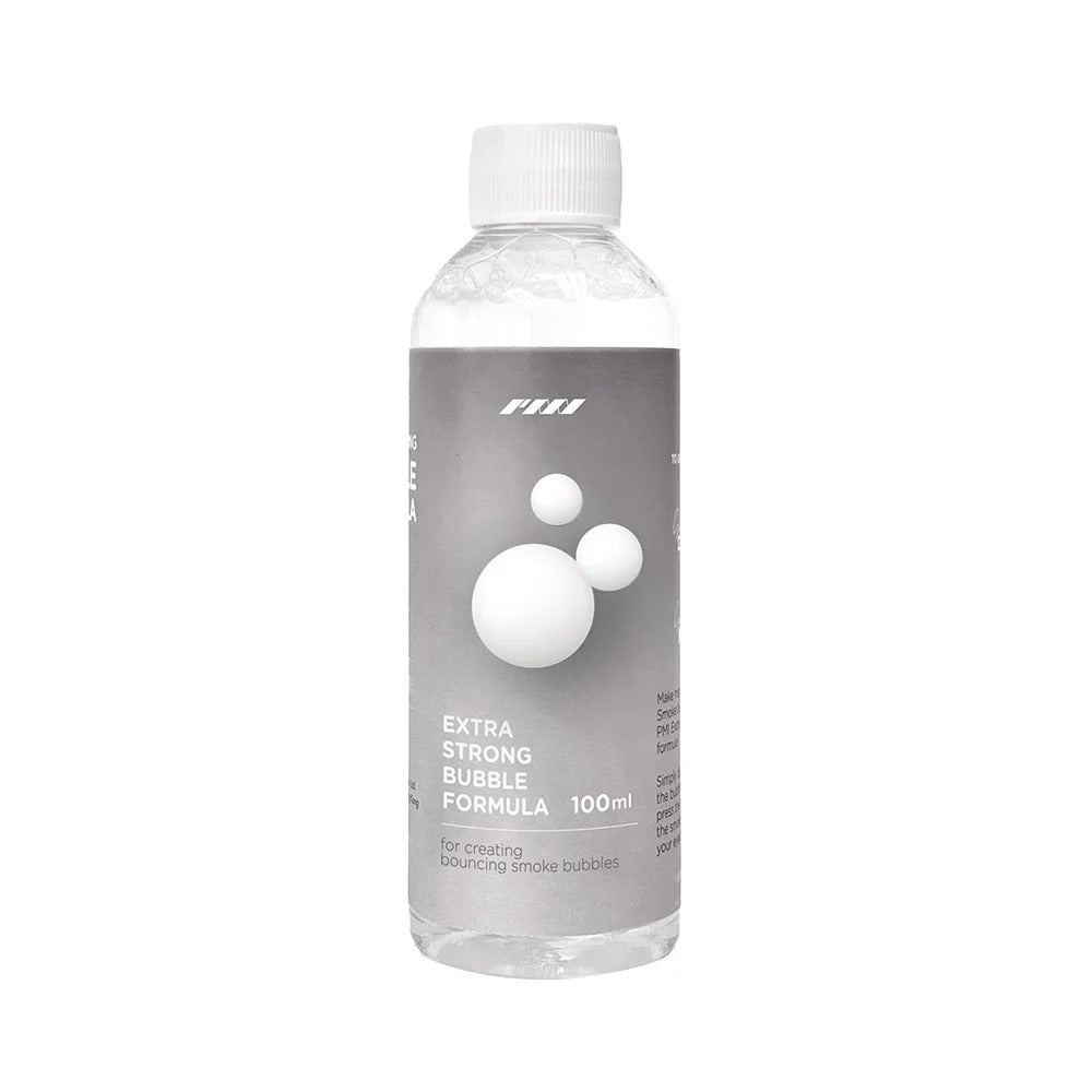 A clear plastic bottle labeled "SmokeNINJA Bubble Solution 100ml" by PMI, featuring bubble graphics and a white cap. Contains bubble liquid ideal for making smoke-filled bubbles with dramatic effects.