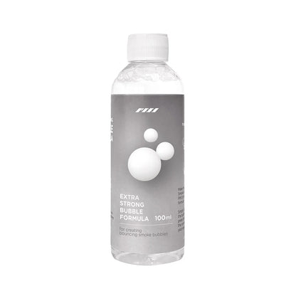 A clear plastic bottle labeled "SmokeNINJA Bubble Solution 100ml" by PMI, featuring bubble graphics and a white cap. Contains bubble liquid ideal for making smoke-filled bubbles with dramatic effects.