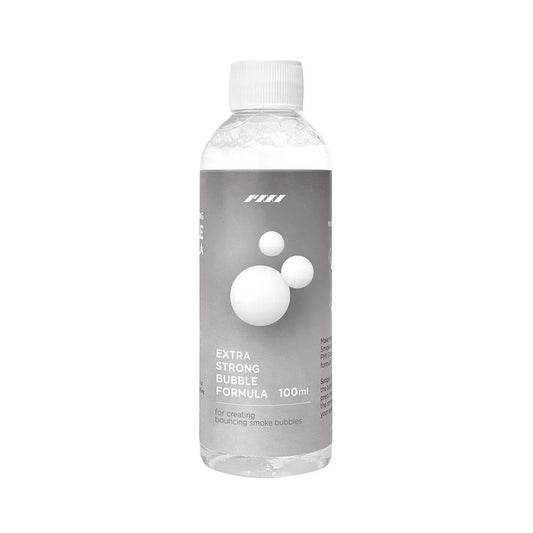 A clear plastic bottle labeled "SmokeNINJA Bubble Solution 100ml" by PMI, featuring bubble graphics and a white cap. Contains bubble liquid ideal for making smoke-filled bubbles with dramatic effects.