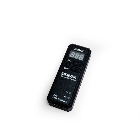 A black PMI SmokeNINJA Wireless DMX Receiver, featuring an ON/OFF switch, digital display, and status lights, is shown on a white background. Perfect for pairing with the SmokeNINJA device.