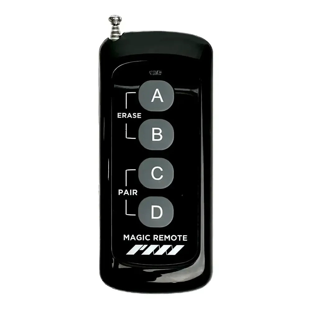 The PMI SmokeNINJA Magic Remote is a black remote with antenna, designed for multi-machine control. It has four large vertically arranged buttons: A (Erase), B, C (Pair), and D.