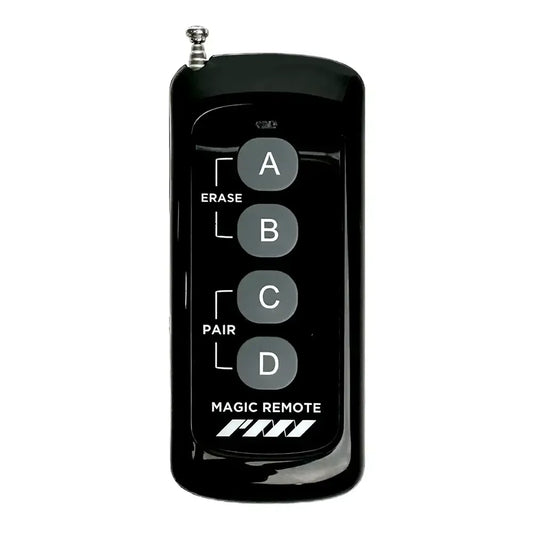 The PMI SmokeNINJA Magic Remote is a black remote with antenna, designed for multi-machine control. It has four large vertically arranged buttons: A (Erase), B, C (Pair), and D.