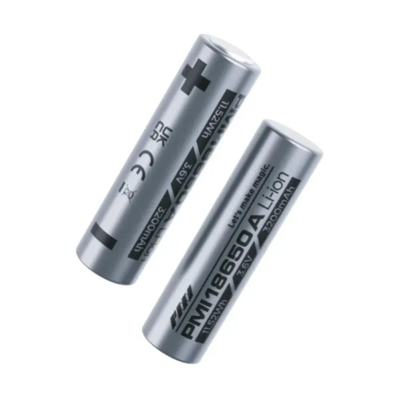 Two silver cylindrical PMI SmokeNINJA 18650 Li-Ion Batteries (x2), labeled 3.7V 2500mAh, are shown at different angles on a white background—perfect for devices needing long-lasting power.