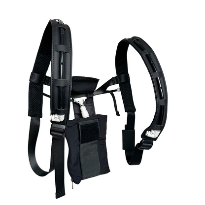 The PMI SmokeNINJA PRO/NINJA/GENIE PMI Smoke Vest features black adjustable padded straps, a large Velcro-flap pouch for an on-body smoke system, and white plastic accents. Shown on a plain white background.