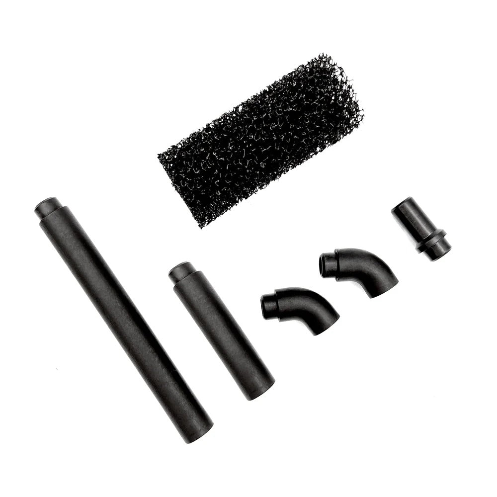 PMI SmokeNINJA Smoke Shaping Nozzle kit includes two straight tubes, two elbow connectors, one nozzle piece, and a rectangular black sponge filter, all displayed on a white background.