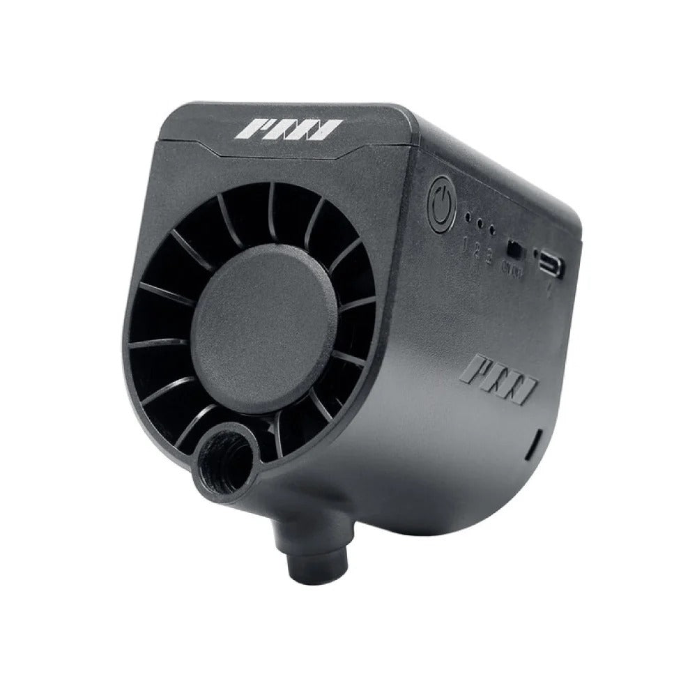 The PMI SmokeNINJA Bluetooth Haze Fan 2.0 is a compact black portable pump with VortechMIX tech, circular fan vent, power button, LED indicator, charging port, and small haze nozzle—offering a sleek modern minimalist design.