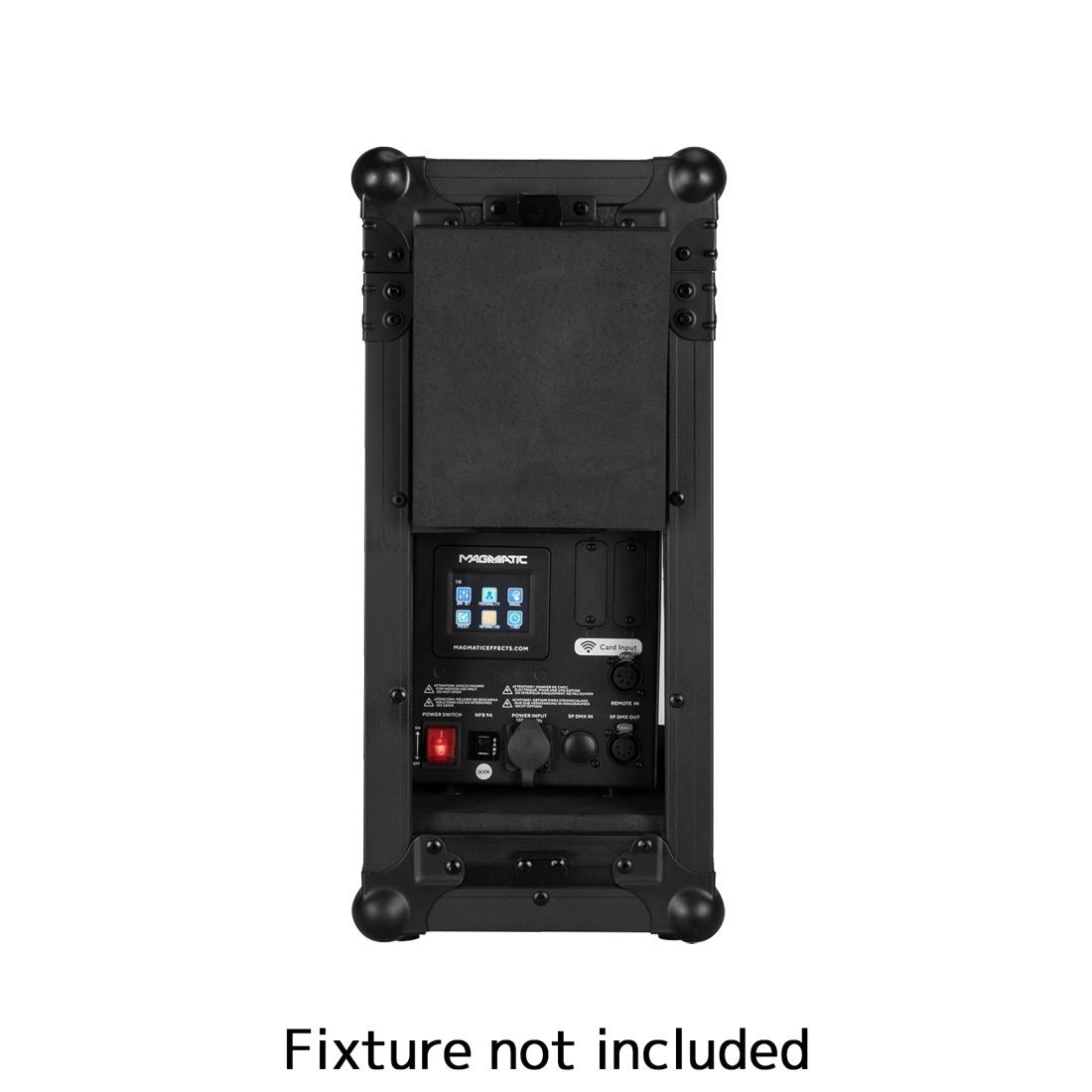 Rear view of the Elation Magma Prime FC Flight Case showing control buttons, switches, connectors, and display screen. It stands upright with rounded corner protectors for protection. Text below: Fixture not included.