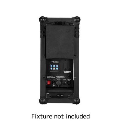 Rear view of the Elation Magma Prime FC Flight Case showing control buttons, switches, connectors, and display screen. It stands upright with rounded corner protectors for protection. Text below: Fixture not included.