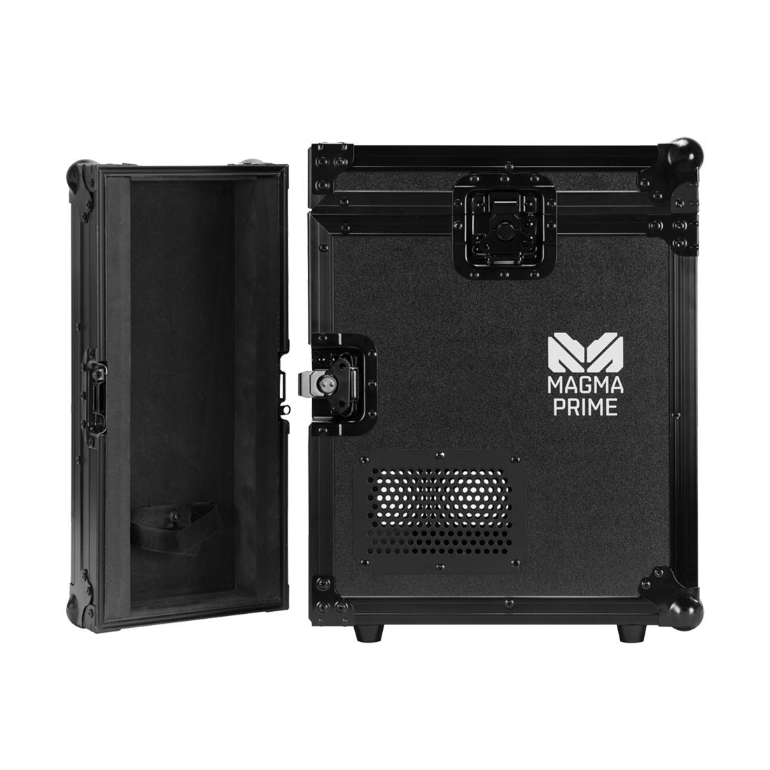 The Elation Magma Prime FC Flight Case (1412000018) in black features a side door revealing an inner compartment, metal reinforcements, ventilation holes, handle, and Elation branding on the front for superior equipment protection.