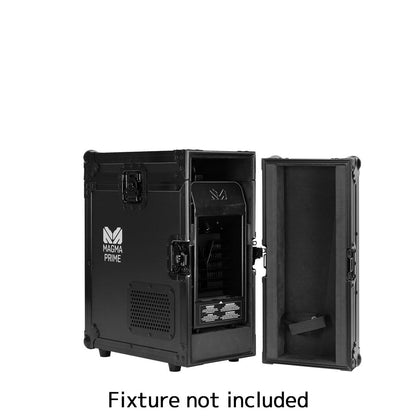 Elation Magma Prime FC (1412000018) black rectangular flight case with logo, shown open to reveal protective interior compartments; bottom text states “Fixture not included.”.