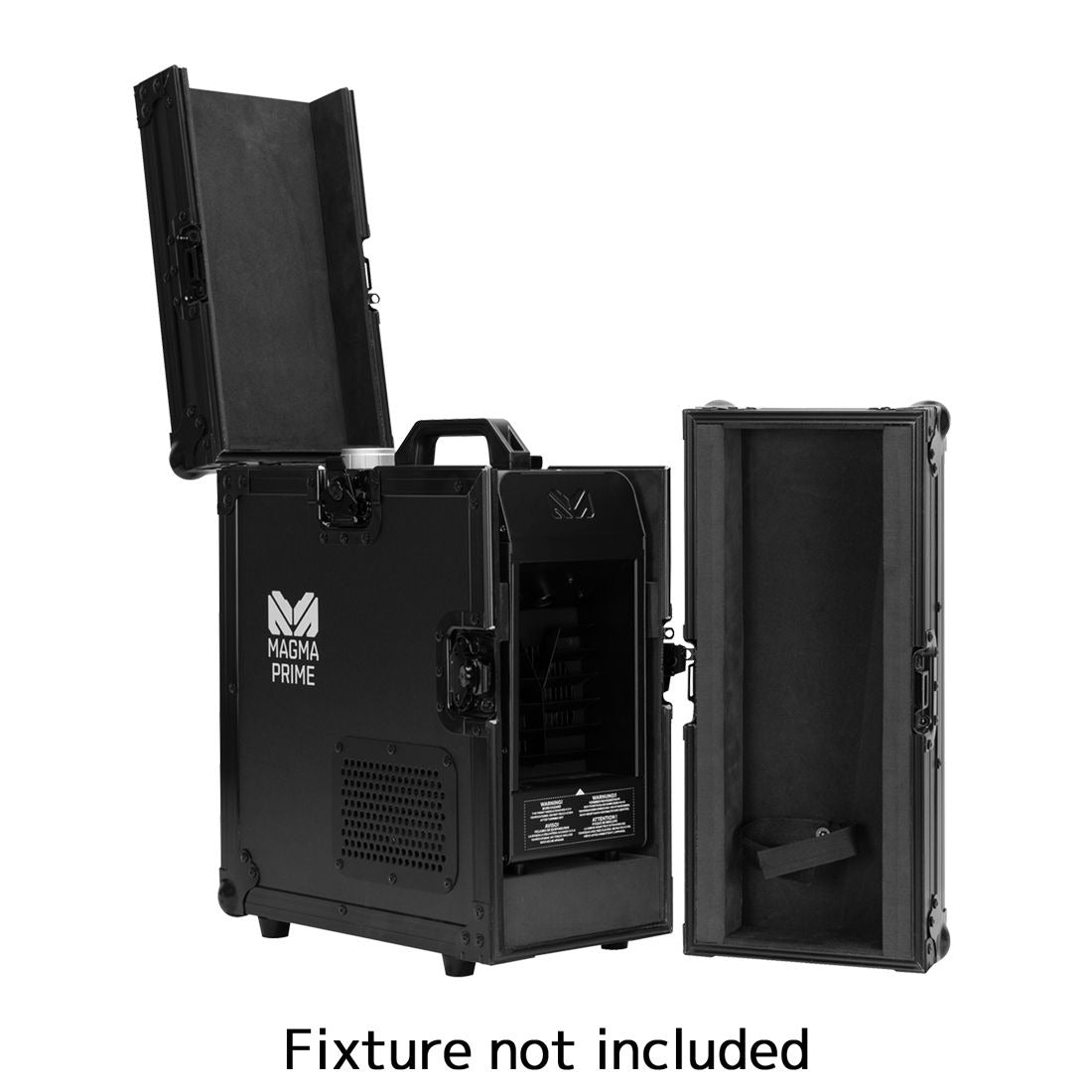 A black Elation Magma Prime FC Flight Case (1412000018) with top and front doors open, revealing interior compartments for equipment protection. Text below: Fixture not included.