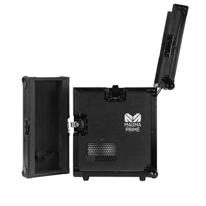 The Elation Magma Prime FC Flight Case (1412000018) is a black rectangular case with side and top hinged doors, ventilation holes, the Magma Prime logo on the front, and a padded interior for superior equipment protection.