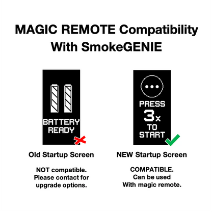 Comparison of Smoke Genie startup screens: Left shows “BATTERY READY” with two bars and X, not compatible. Right shows “PRESS 3x TO START” with checkmark, labeled compatible with PMI SmokeNINJA Magic Remote for multi-machine control.