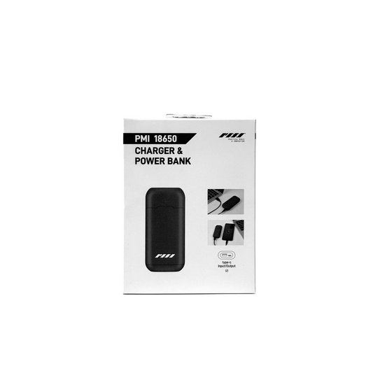 White product box showcases the PMI SmokeNINJA Charger/Powerbank Kit, including a black charger, 18650 power bank, and three usage images. Text highlights “PMI SmokeNINJA Charger/Powerbank Kit” and “USB A to USB C charger.”.