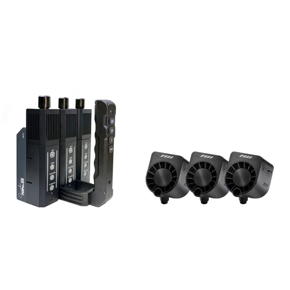 Three black PMI SmokeNINJA Pro Trident Kits with antennas charge beside a handheld controller—suitable for video production. Nearby, three compact fans rest side by side on white, perfect for cinematic smoke effects.
